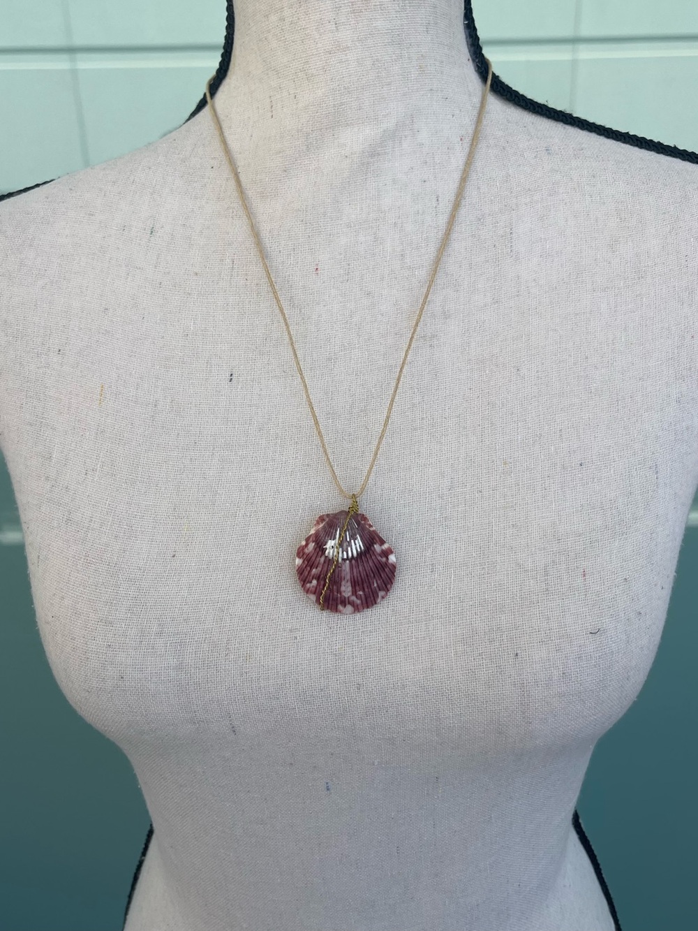Handmade Burgundy Seashell Pendant Necklace on Tan Twine - Picture 2 of 3